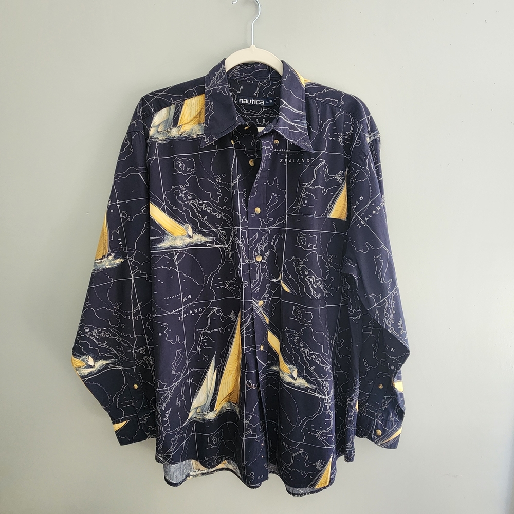 Vintage 90s Nautica Blue and Yellow Sailboat Nautical Print Shirt